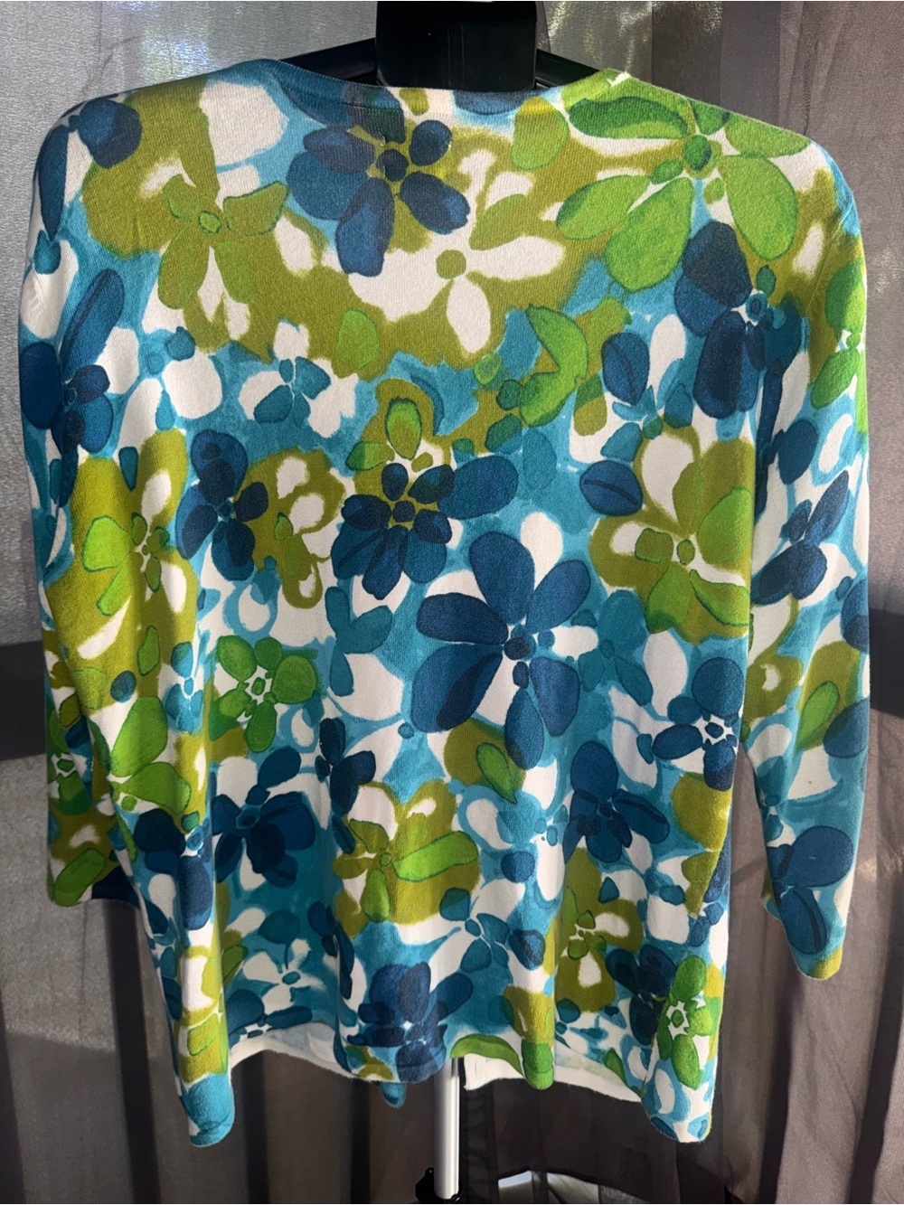 Chico's Blue & Green Floral Cardigan Sweater Size 2 (Medium/Large 12-14) 3/4 - Picture 3 of 3